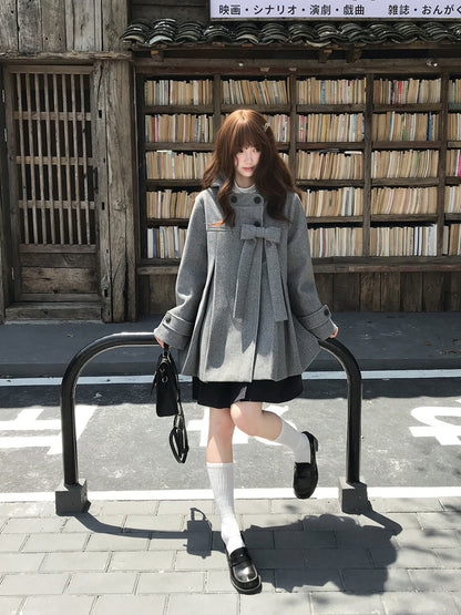 Hooded Gray Wool Coat With Pleated Skirt LAL0152