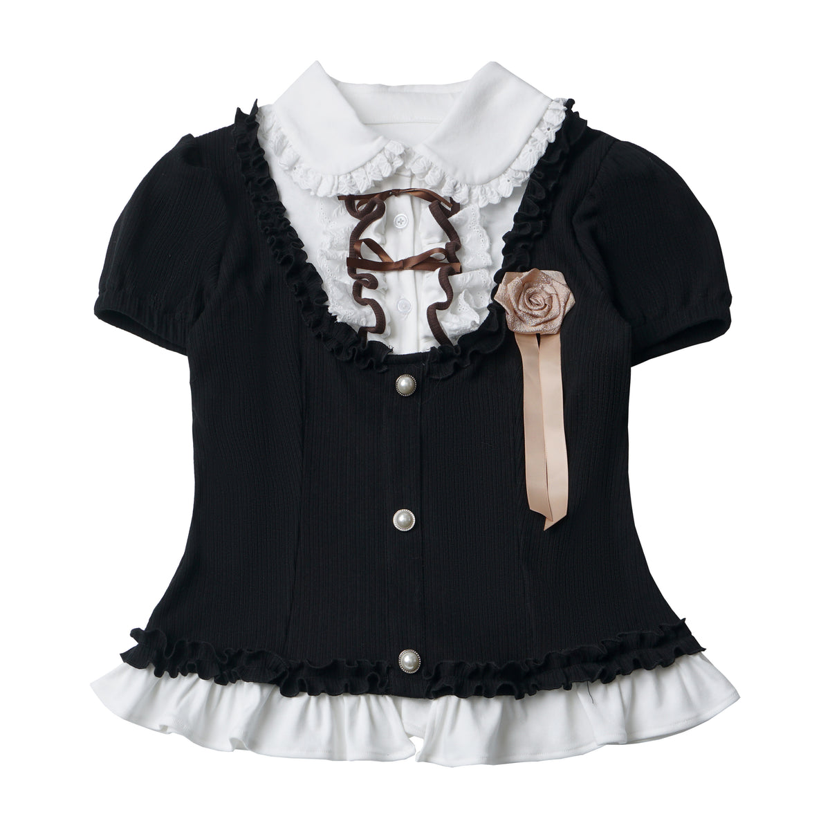 Puff-Sleeve Faux Two-Piece Knit Top And Tiered Skirt Set PIN0024