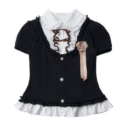 Puff-Sleeve Faux Two-Piece Knit Top And Tiered Skirt Set PIN0024
