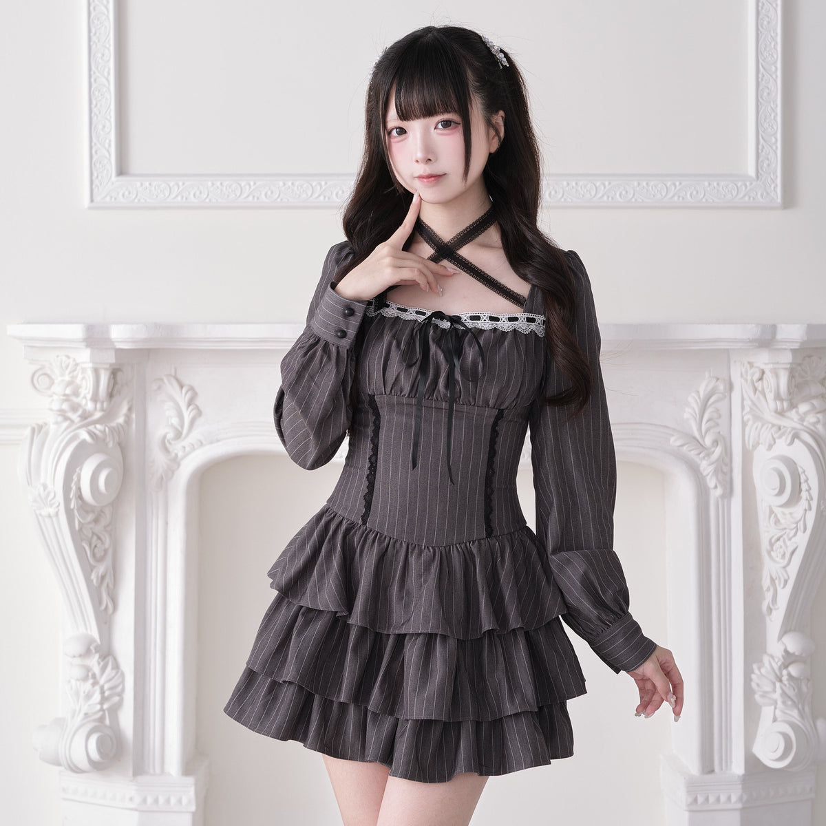 Crisscross Strap Plaid Tiered Dress NOG0028