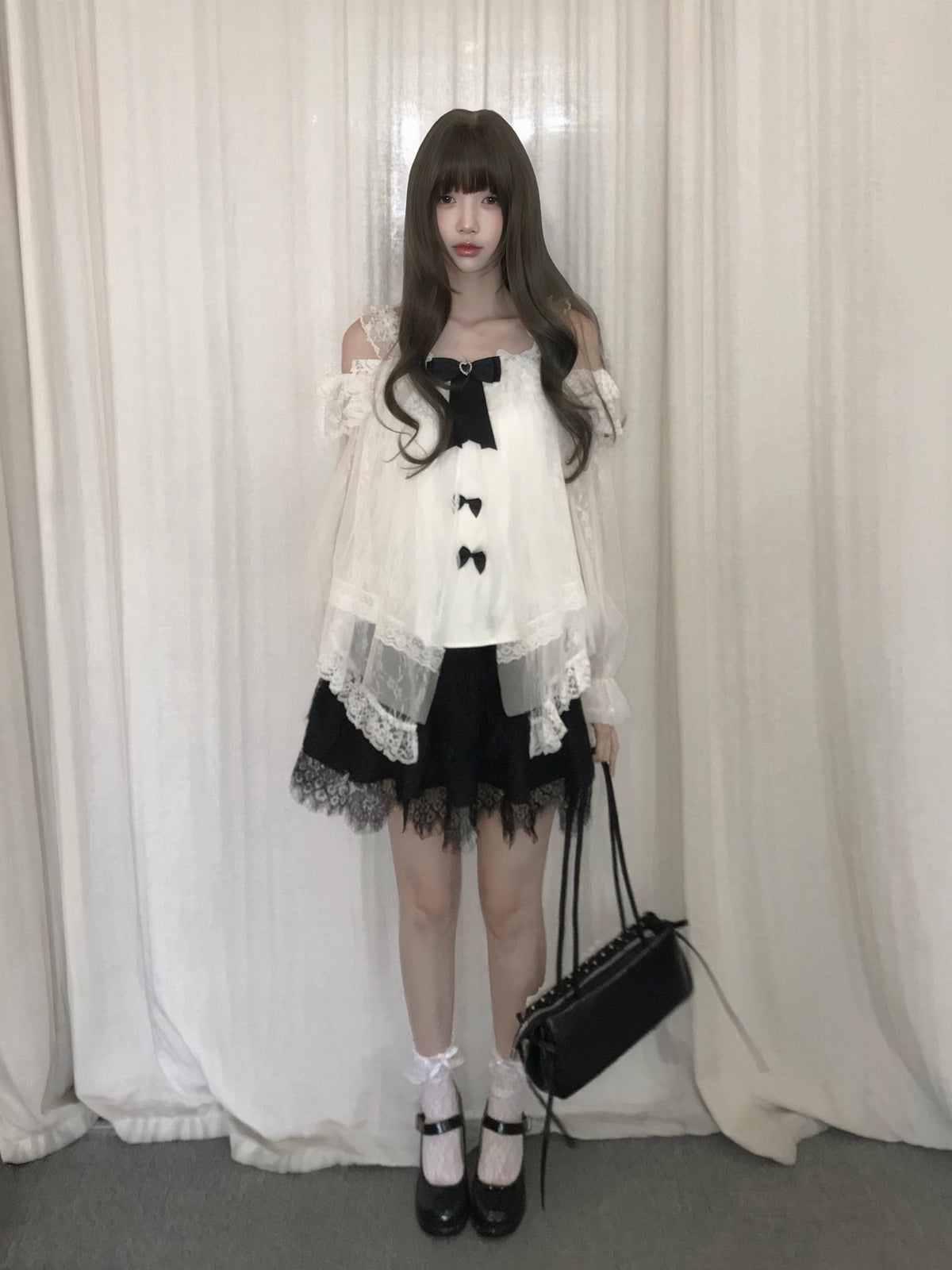 Off Shoulder Sheer Lace Blouse With Bow Trim LAL0128