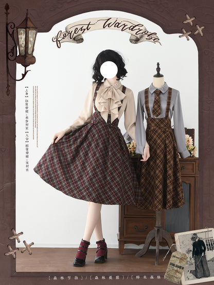 British Vintage Plaid College Suspender Skirt FOR0078