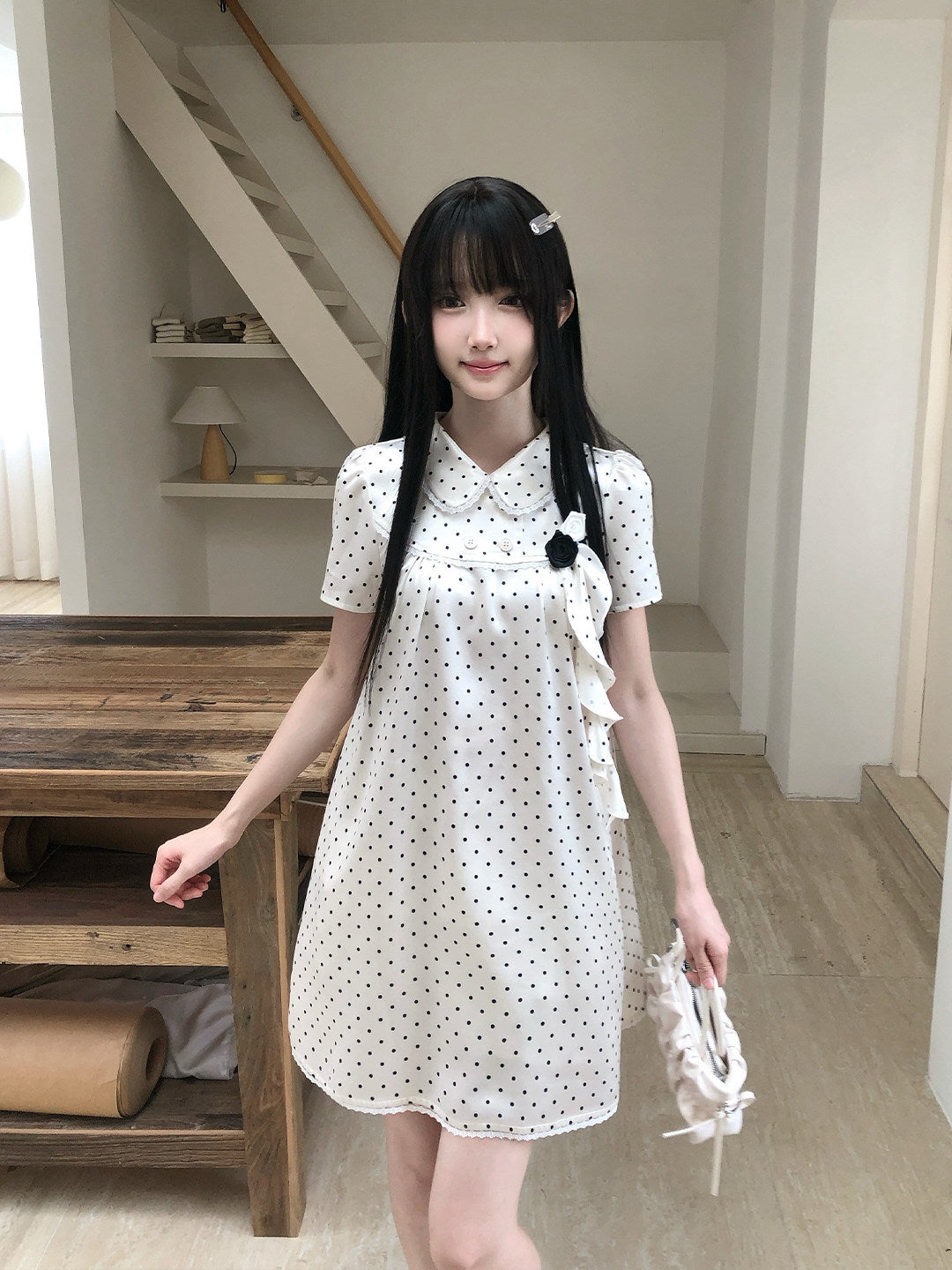 Polka Dot Doll Collar Puff Sleeve Dress LAL0232