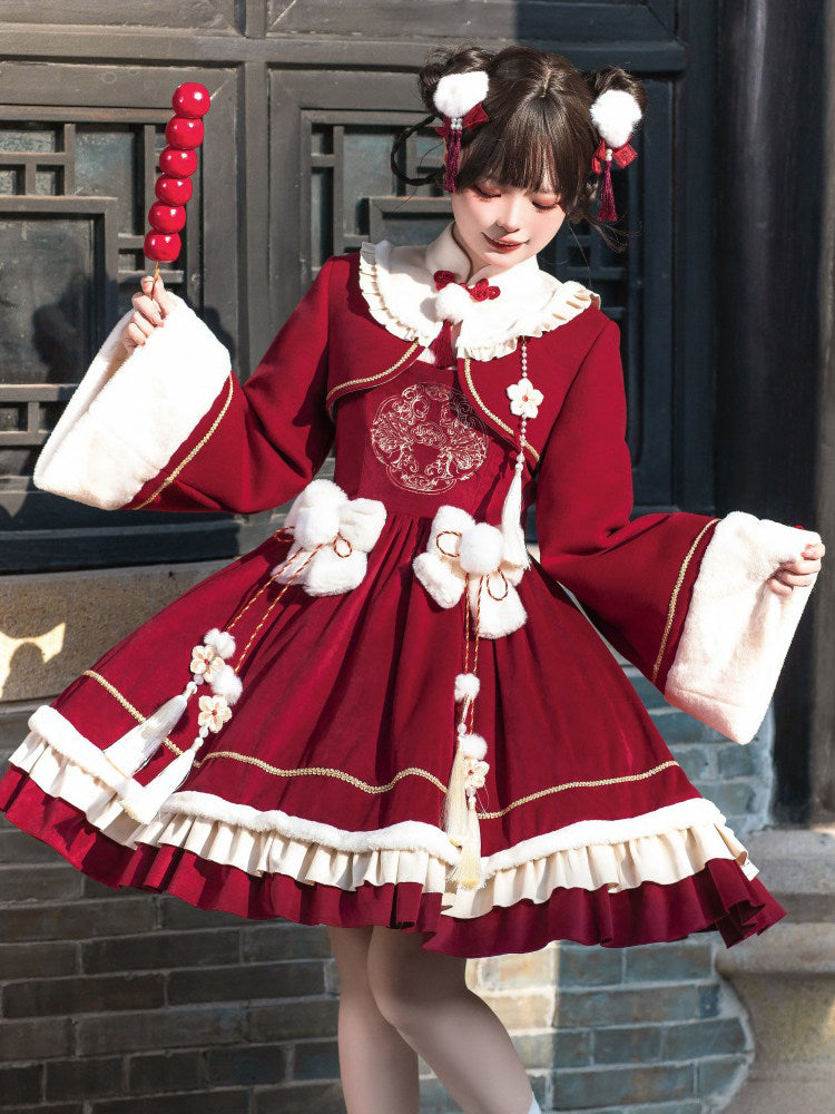 Chinese Style Red New Year Cape Dress Set YOU0236