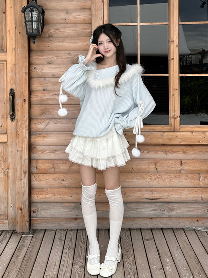 Off Shoulder Fuzzy Trim Knit Sweater LAL0158