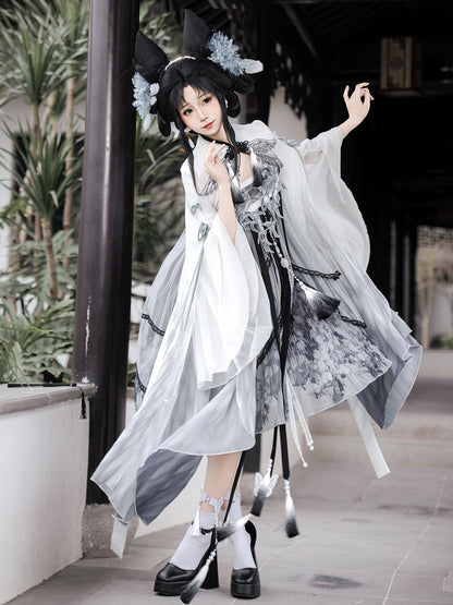 Chinese Style Ombre Bird Print Cape Dress YOU0230