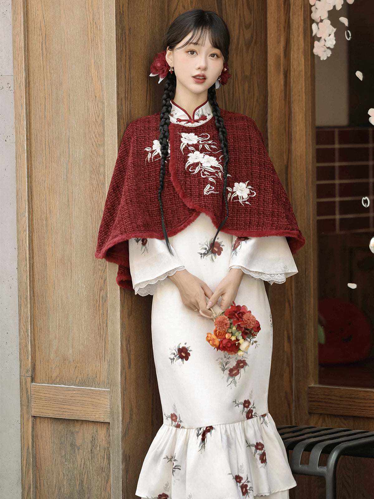 Chinese-Style Short Cape Floral Dress YOU0194