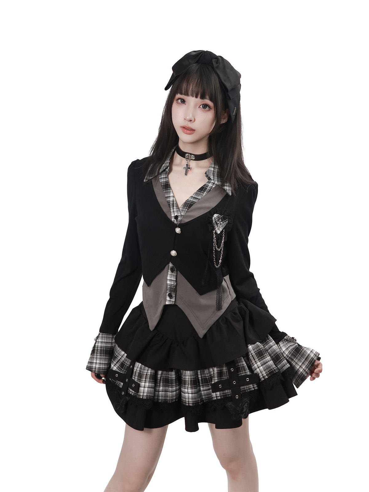 Vintage Layered Blazer And Plaid Cake Skirt PIN0055