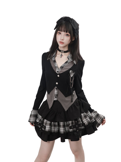 Vintage Layered Blazer And Plaid Cake Skirt PIN0055