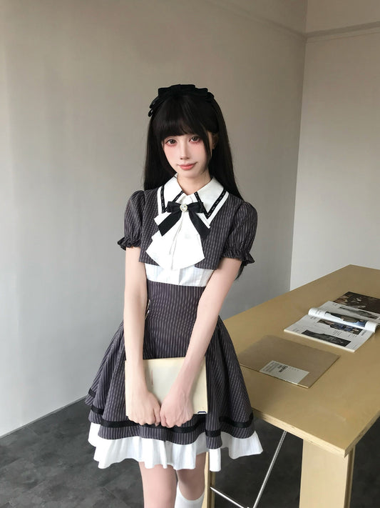 Pinstripe Peter Pan Collar Dress With Ribbon Tie LAL0189