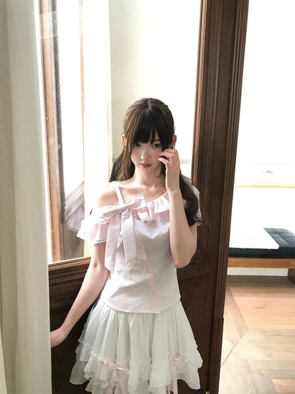 Off Shoulder Ruffle Blouse With Tulle Skirt Set LAL0188