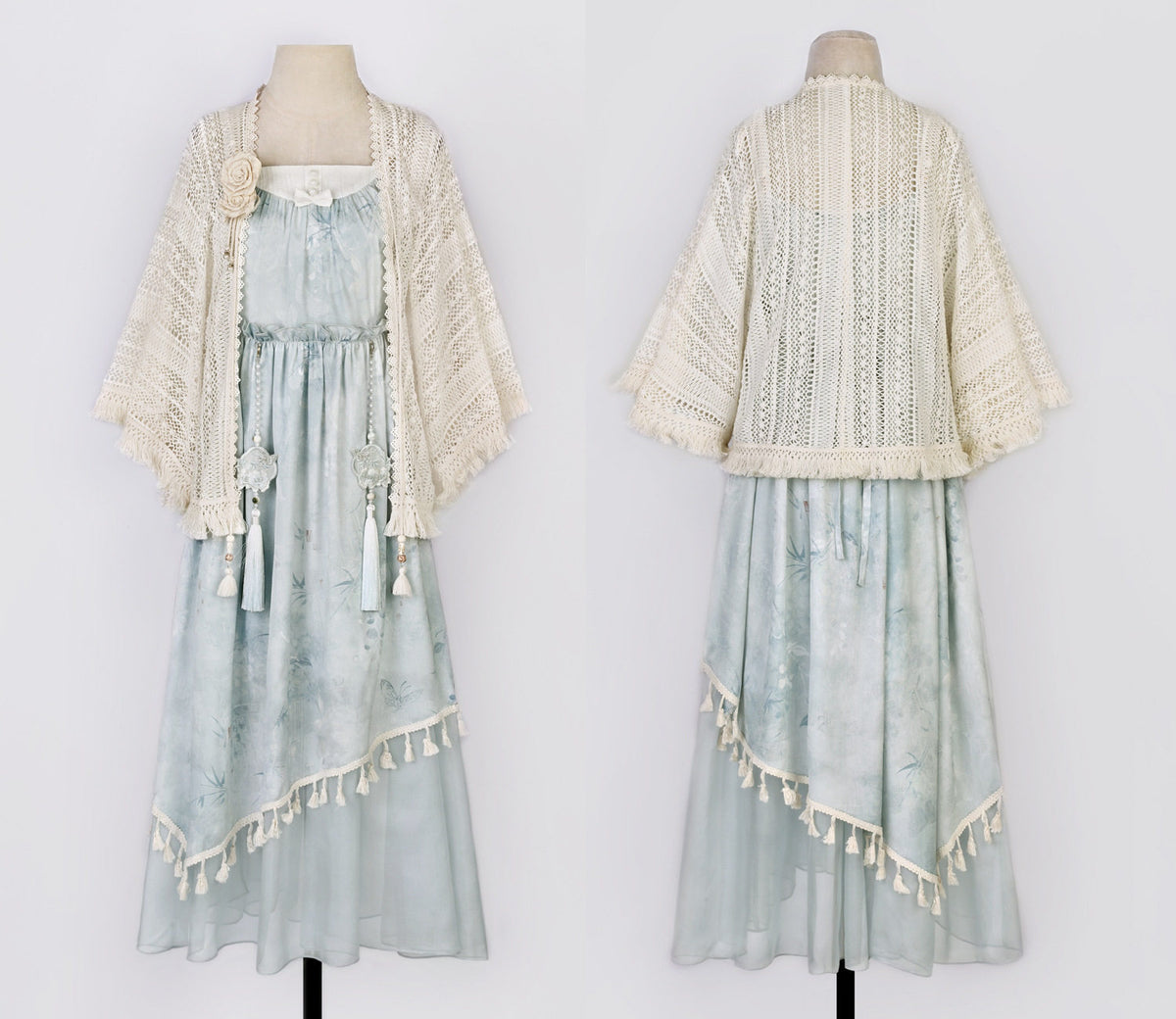 Tie-Dye Mint Camisole Dress With Crochet Shawl YOU0282