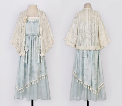 Tie-Dye Mint Camisole Dress With Crochet Shawl YOU0282