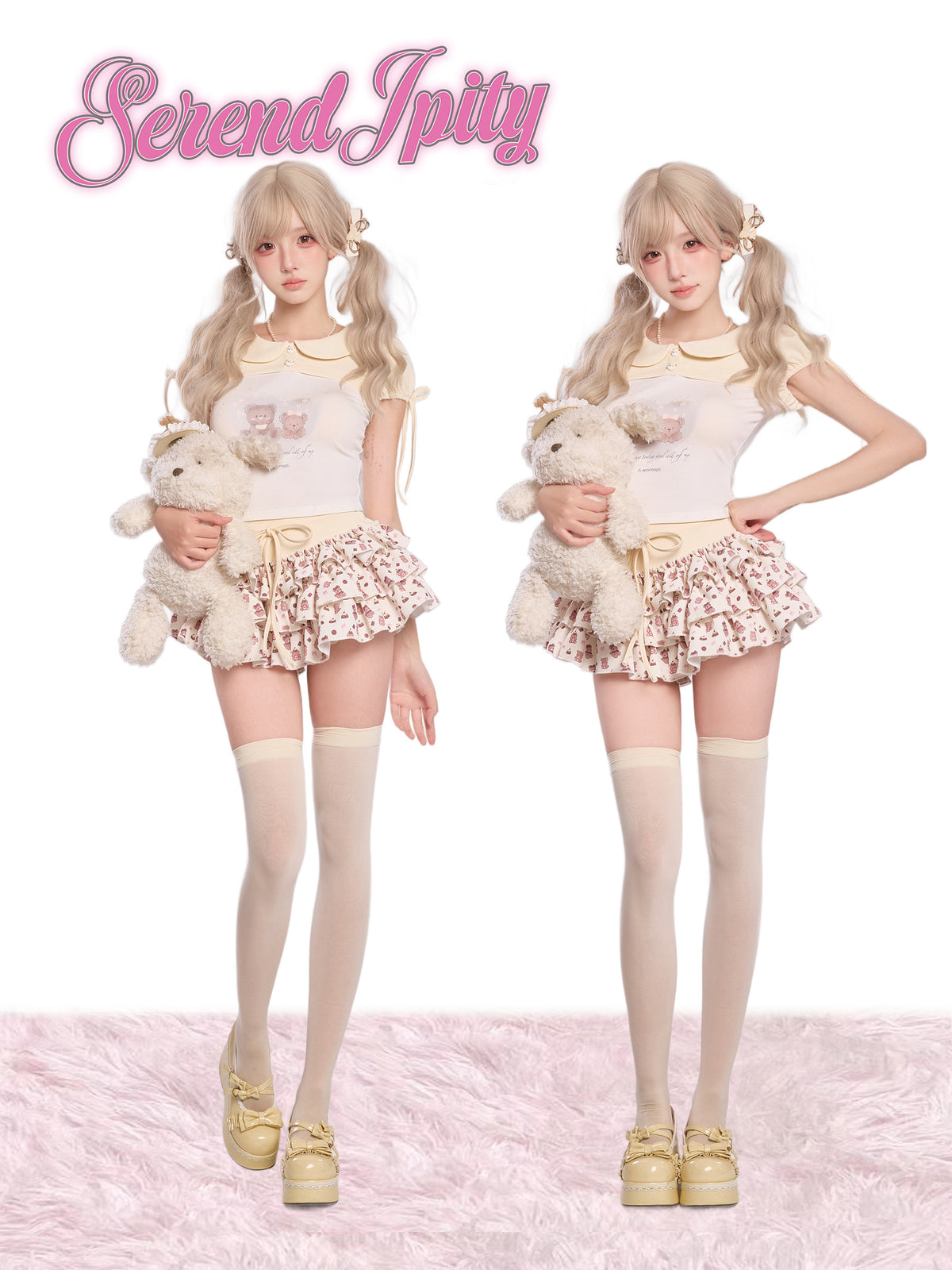 Bear Print Collar Top And Tiered Skirt Set SER0168