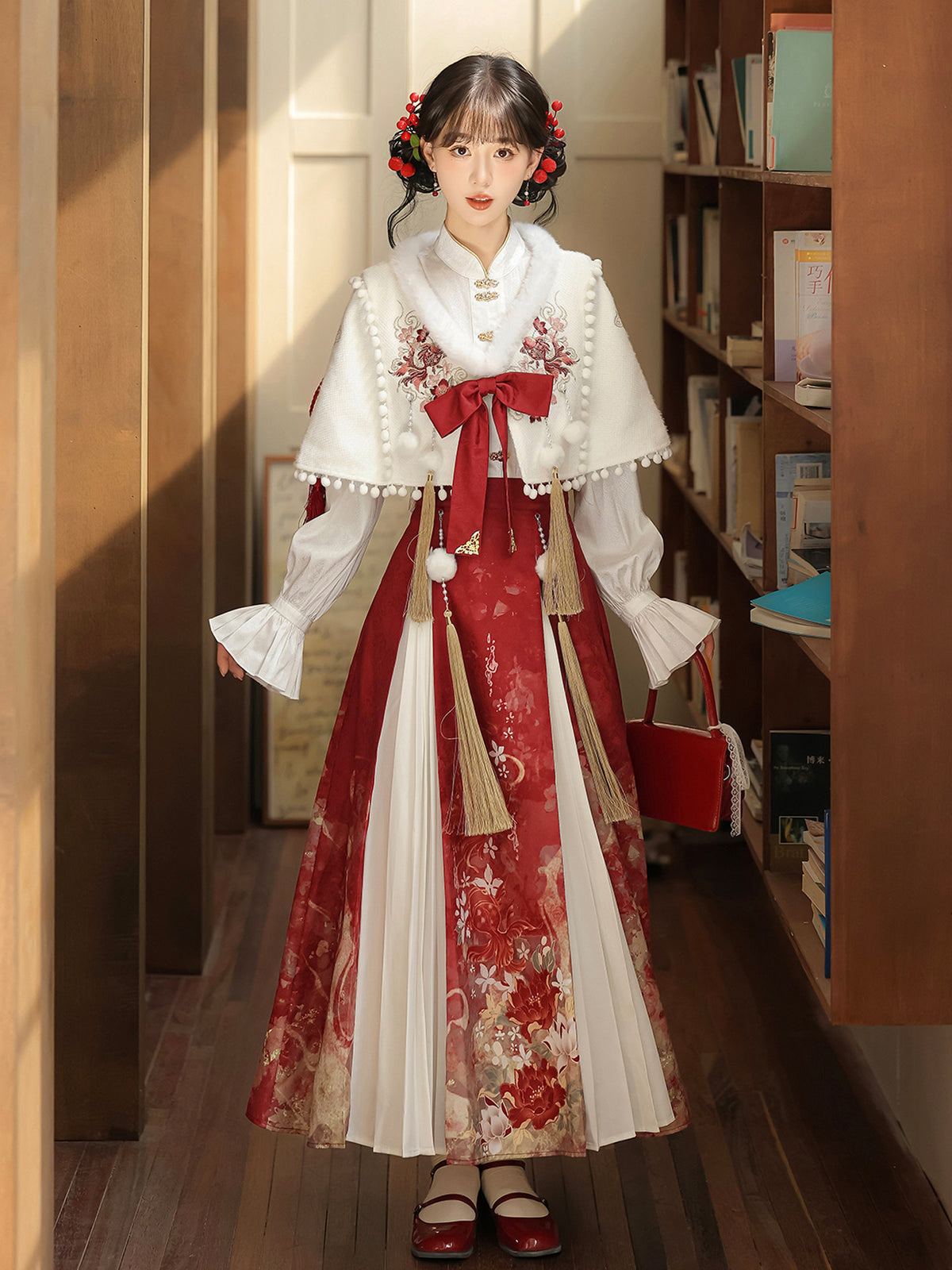 Chinese Style Floral Shirt Skirt And Cape Set YOU0325