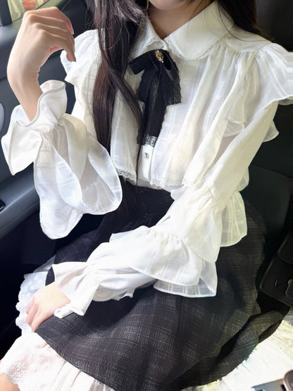 Ruffle Collar Bow Blouse With Plaid Skirt Set LAL0165