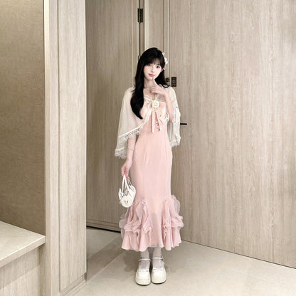 Lace Shawl Ruffle Mermaid Strap Dress Set BEL0038
