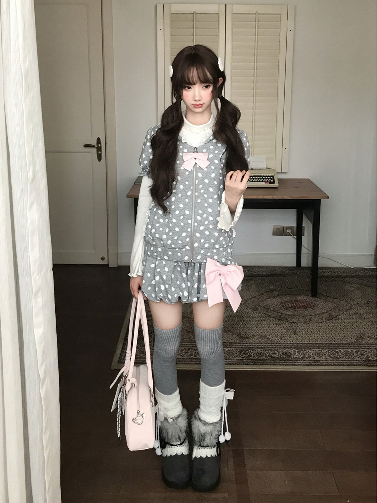Polka Dot Hooded Zip Cardigan Shorts Set LAL0240