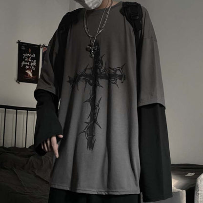ダークなヒップホップクロスプリントのフェイクツーピース長袖Tシャツ、トレンディなトップINSのゆったりしたクルーネックTシャツ