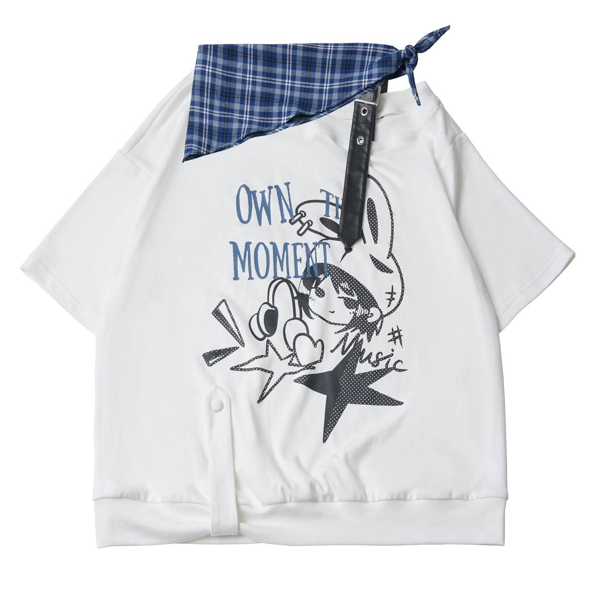 Cutout Shoulder Print Sweatshirt With Plaid Trim PIN0042