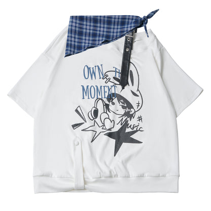 Cutout Shoulder Print Sweatshirt With Plaid Trim PIN0042
