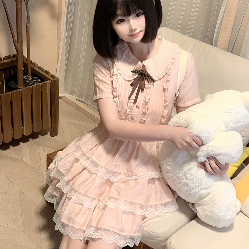 Ruffle Lace Tiered Dress With Bow-Tie LAL0248