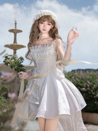 White Lace Ruffle Bow High-Low Train Dress YOU0278