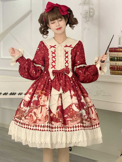 Red Ribbon Frill Bear Print Lolita Dress YOU0145