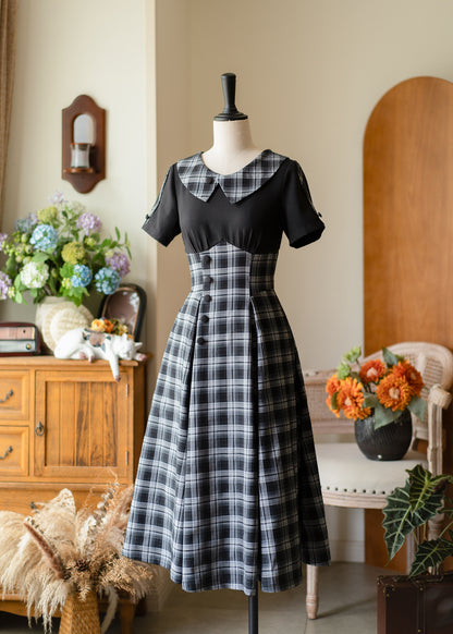 Vintage Plaid Contrast Collar A-Line Dress FOR0074