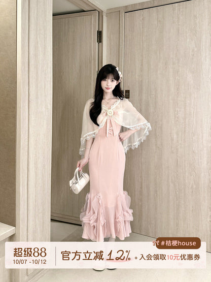Lace Shawl Ruffle Mermaid Strap Dress Set BEL0038