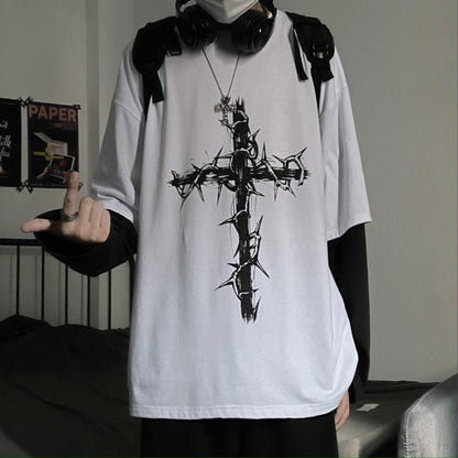 ダークなヒップホップクロスプリントのフェイクツーピース長袖Tシャツ、トレンディなトップINSのゆったりしたクルーネックTシャツ