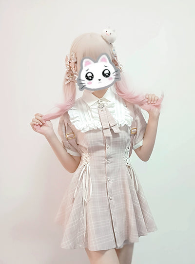 Frill Short Sleeve Checkered Mini Dress KAN0007