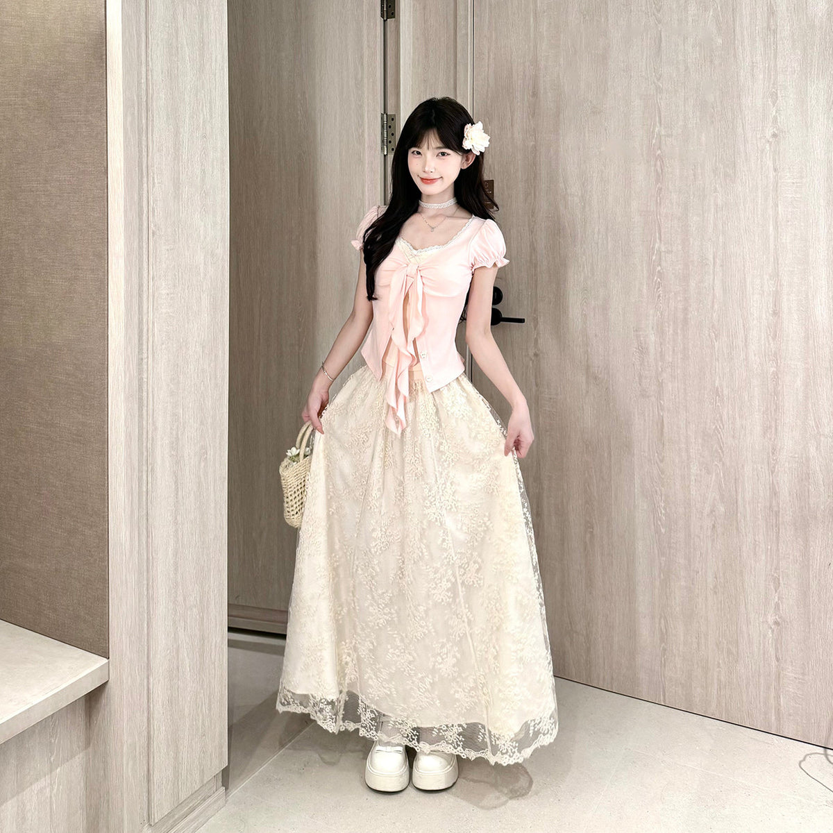 Puff Sleeve Ribbon Lace Skirt Set BEL0034