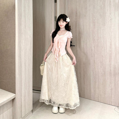 Puff Sleeve Ribbon Lace Skirt Set BEL0034