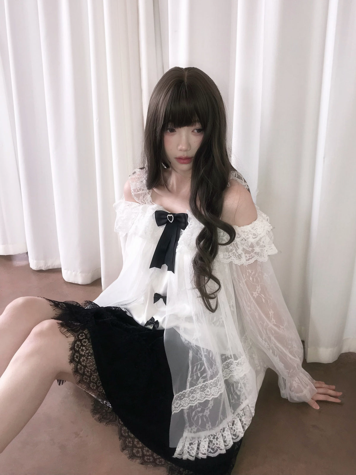 Off Shoulder Sheer Lace Blouse With Bow Trim LAL0128