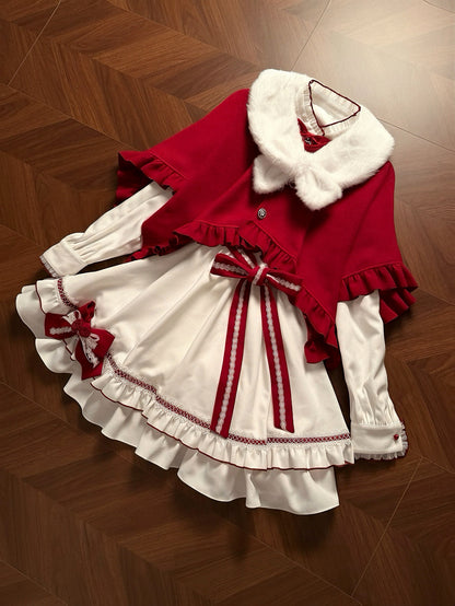 Fur Collar Cape Ribbon Dress Set LAL0253