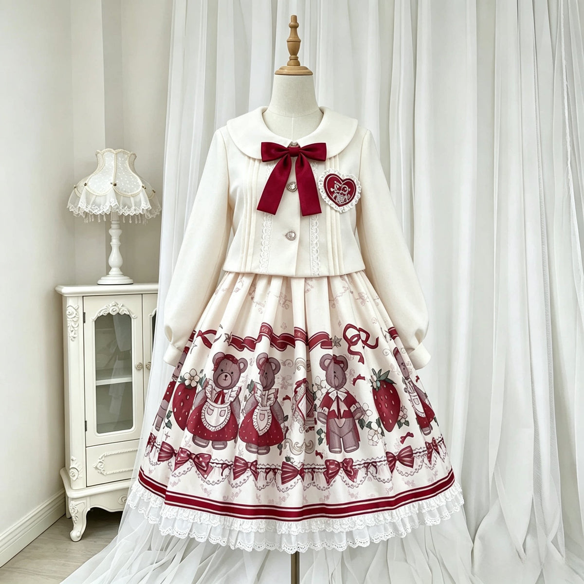Bear And Strawberry Print Jacket And Pinafore Dress Set YOU0280