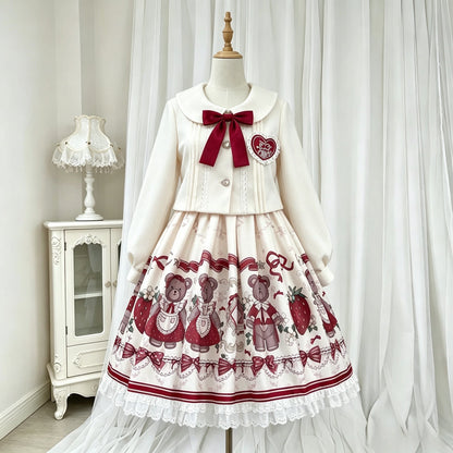 Bear And Strawberry Print Jacket And Pinafore Dress Set YOU0280