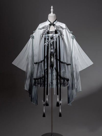 Chinese Style Ombre Bird Print Cape Dress YOU0230