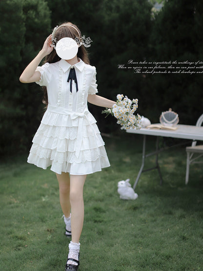 Frill Style White Sweet Dress HUT0084