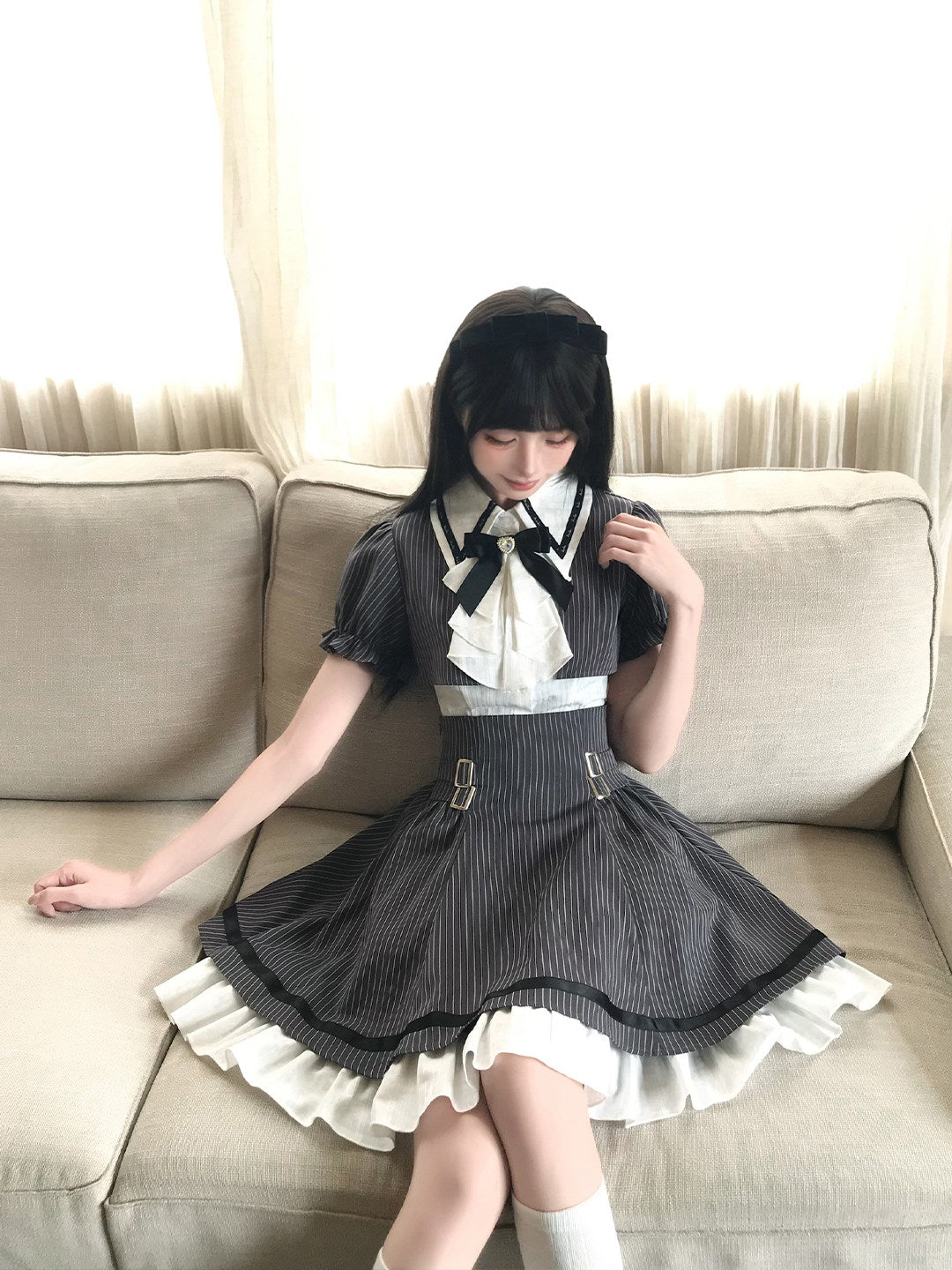 Pinstripe Peter Pan Collar Dress With Ribbon Tie LAL0189