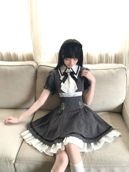 Pinstripe Peter Pan Collar Dress With Ribbon Tie LAL0189