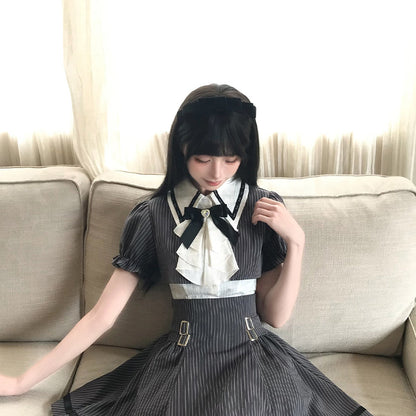 Pinstripe Peter Pan Collar Dress With Ribbon Tie LAL0189