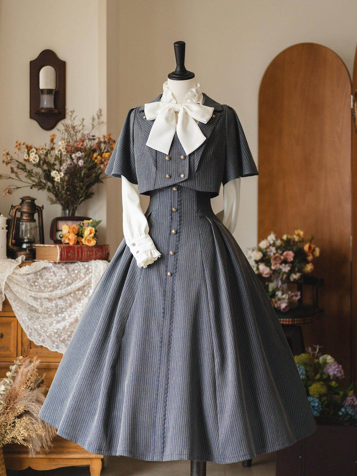 Vintage Pinstripe Button-Front Midi Skirt FOR0071