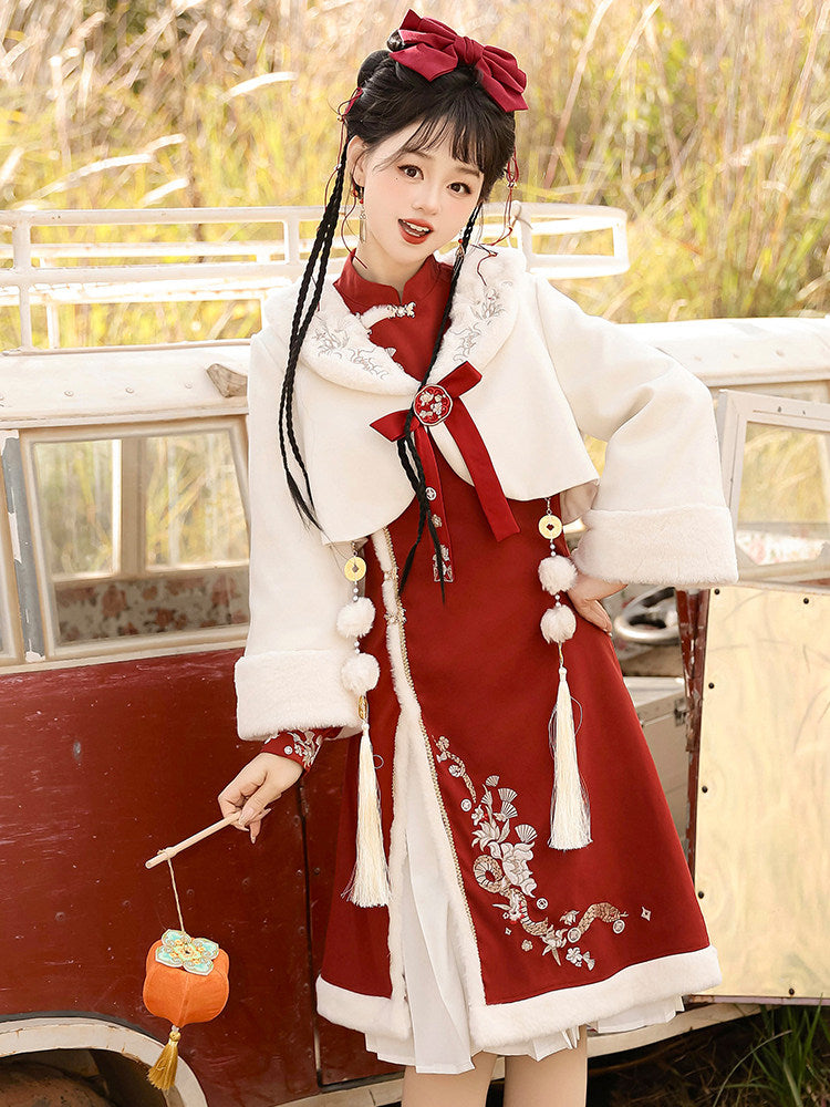Chinese New Year Fur-Trim Jacket Dress Set YOU0241