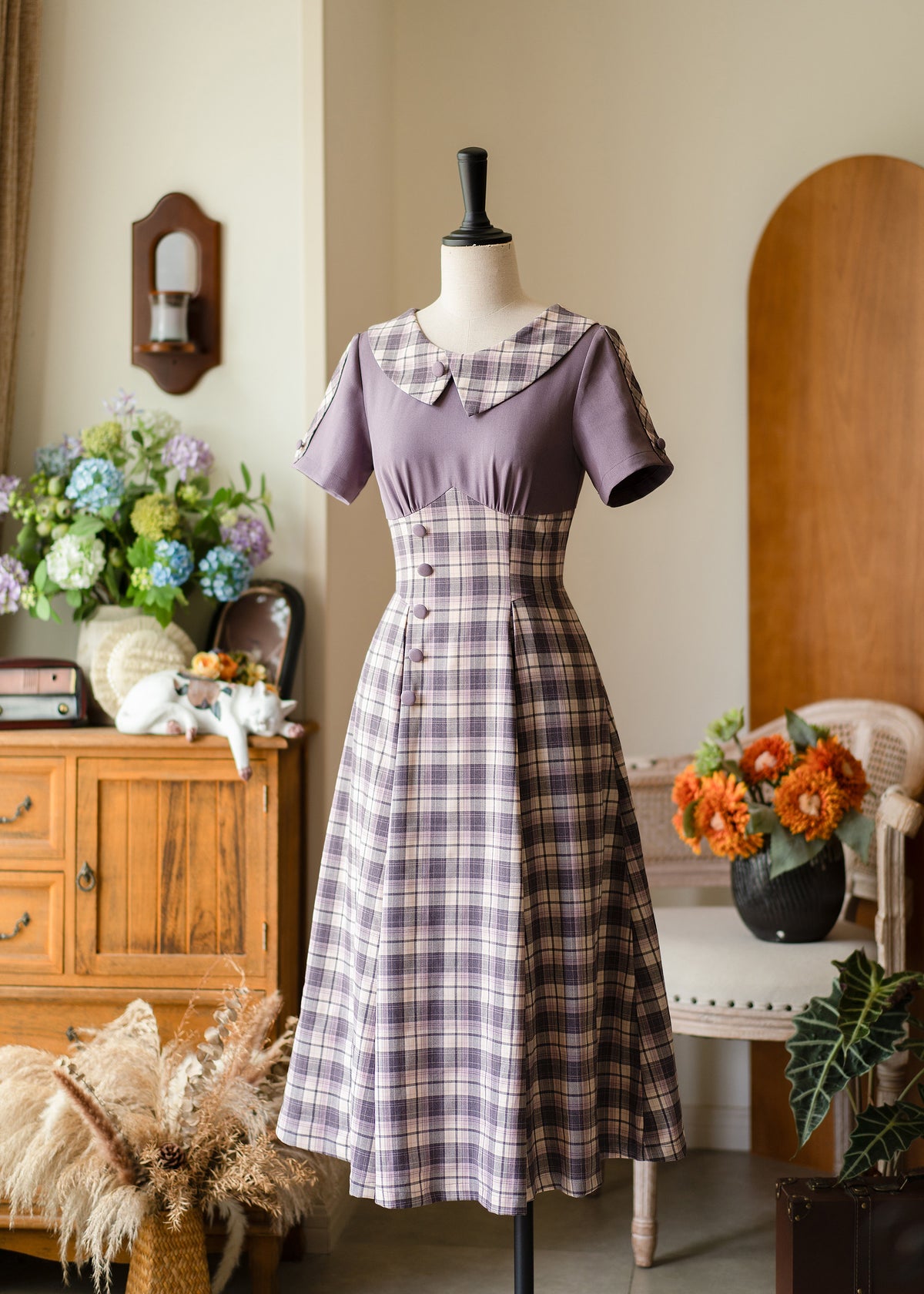 Vintage Plaid Contrast Collar A-Line Dress FOR0074