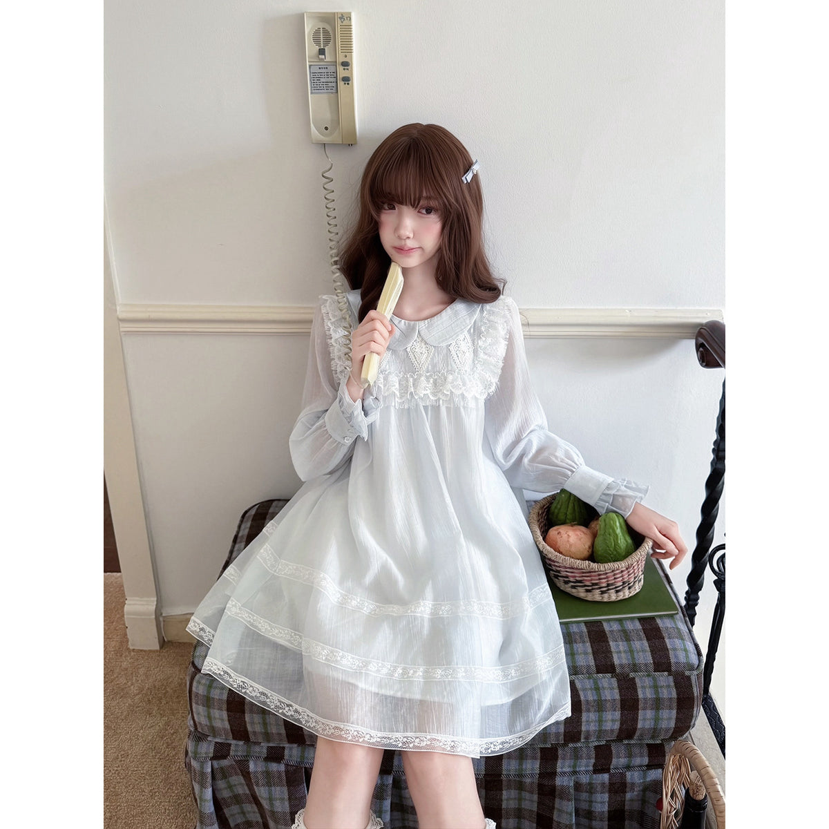 Doll Collar Lace Trim Babydoll Dress LAL0149