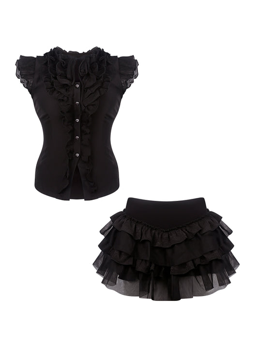 Gothic Ruffle Blouse Tiered Skirt Set SER0149