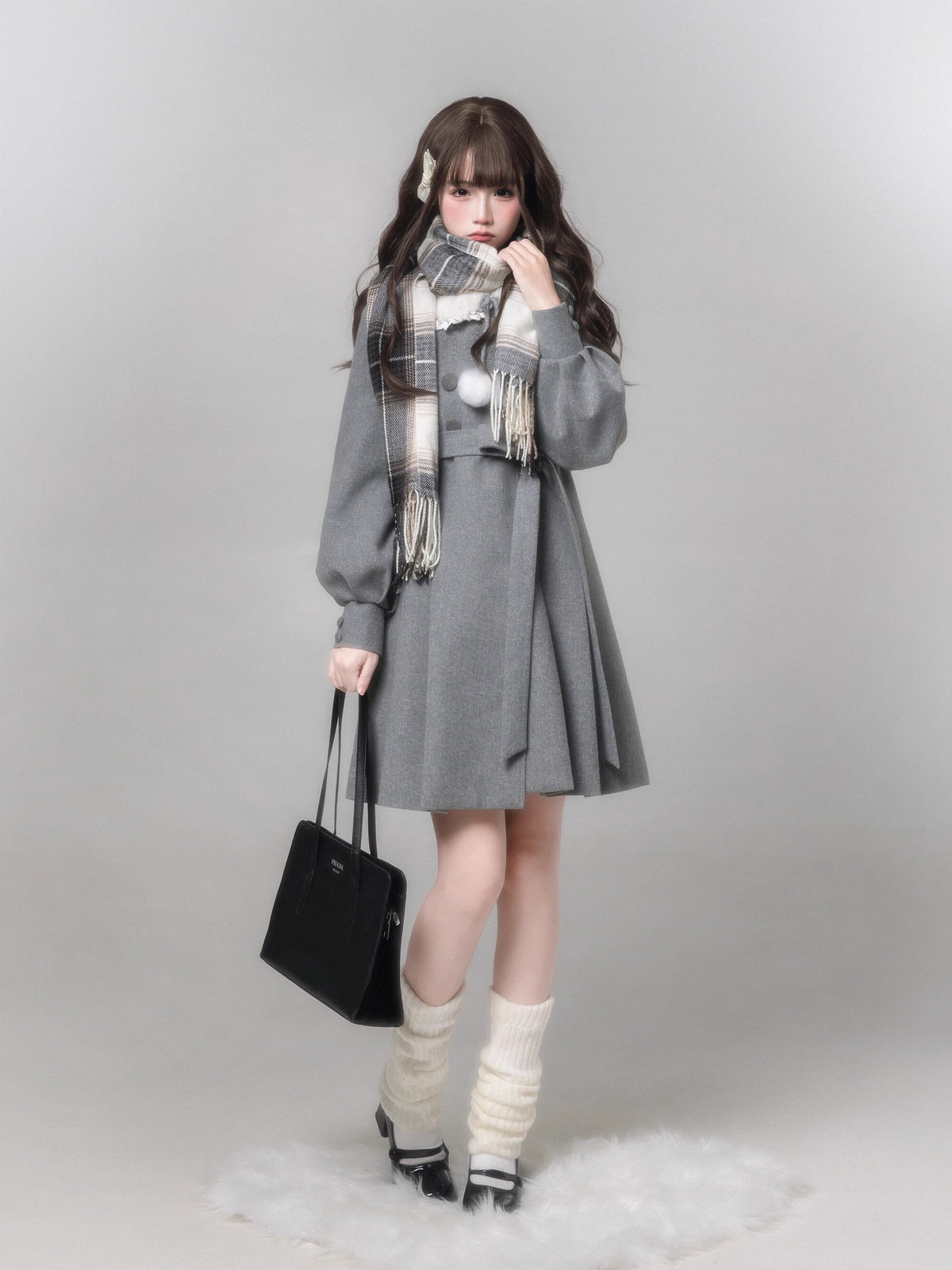 Gray Wool Coat Beret Scarf Set HUT0159