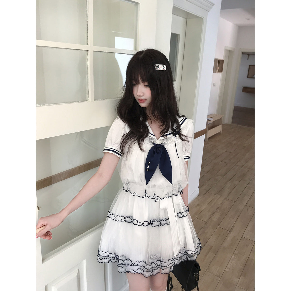 Sailor Collar Puff Sleeve Ruffle Hem Dress LAL0233
